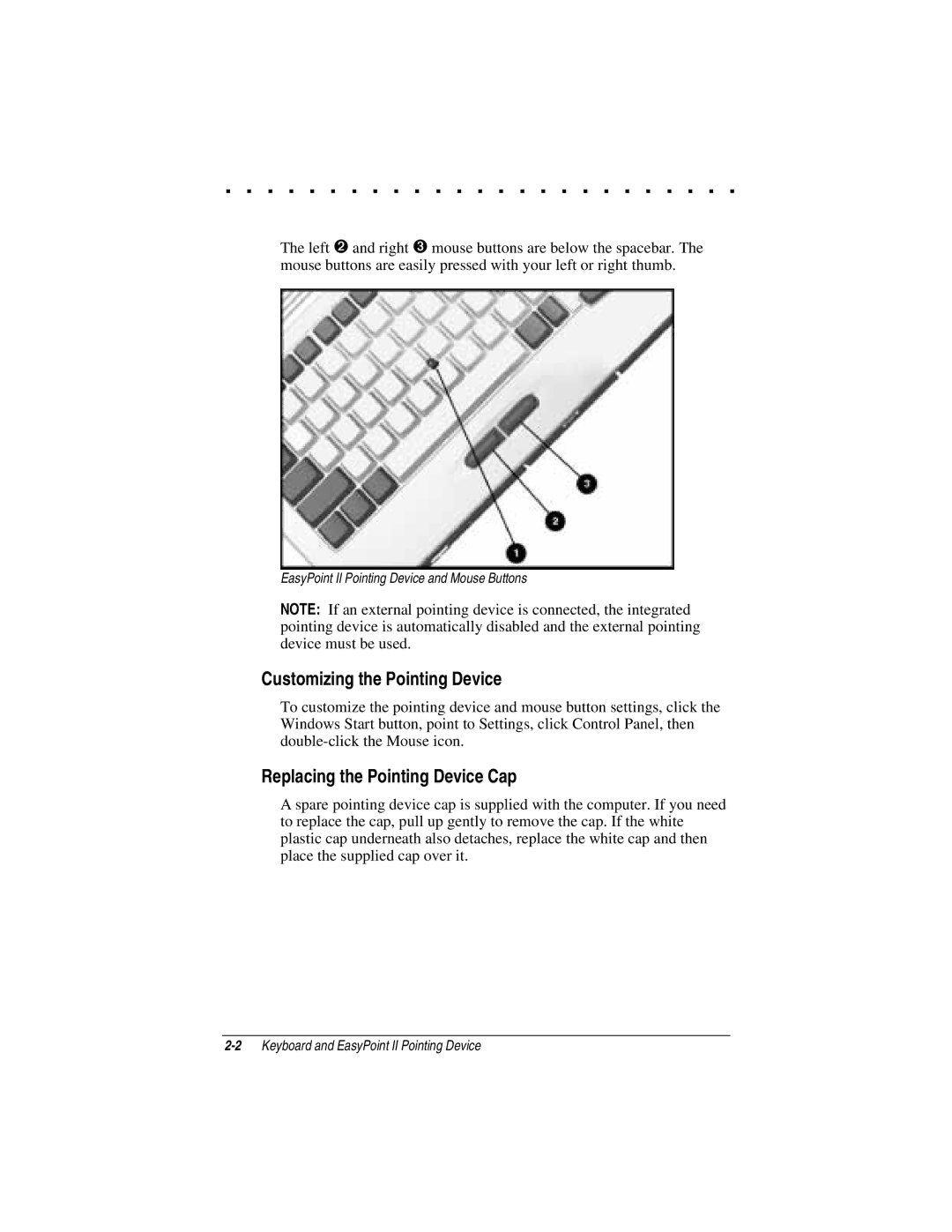 Compaq LTE 5000 manual Customizing the Pointing Device, Replacing the Pointing Device Cap 