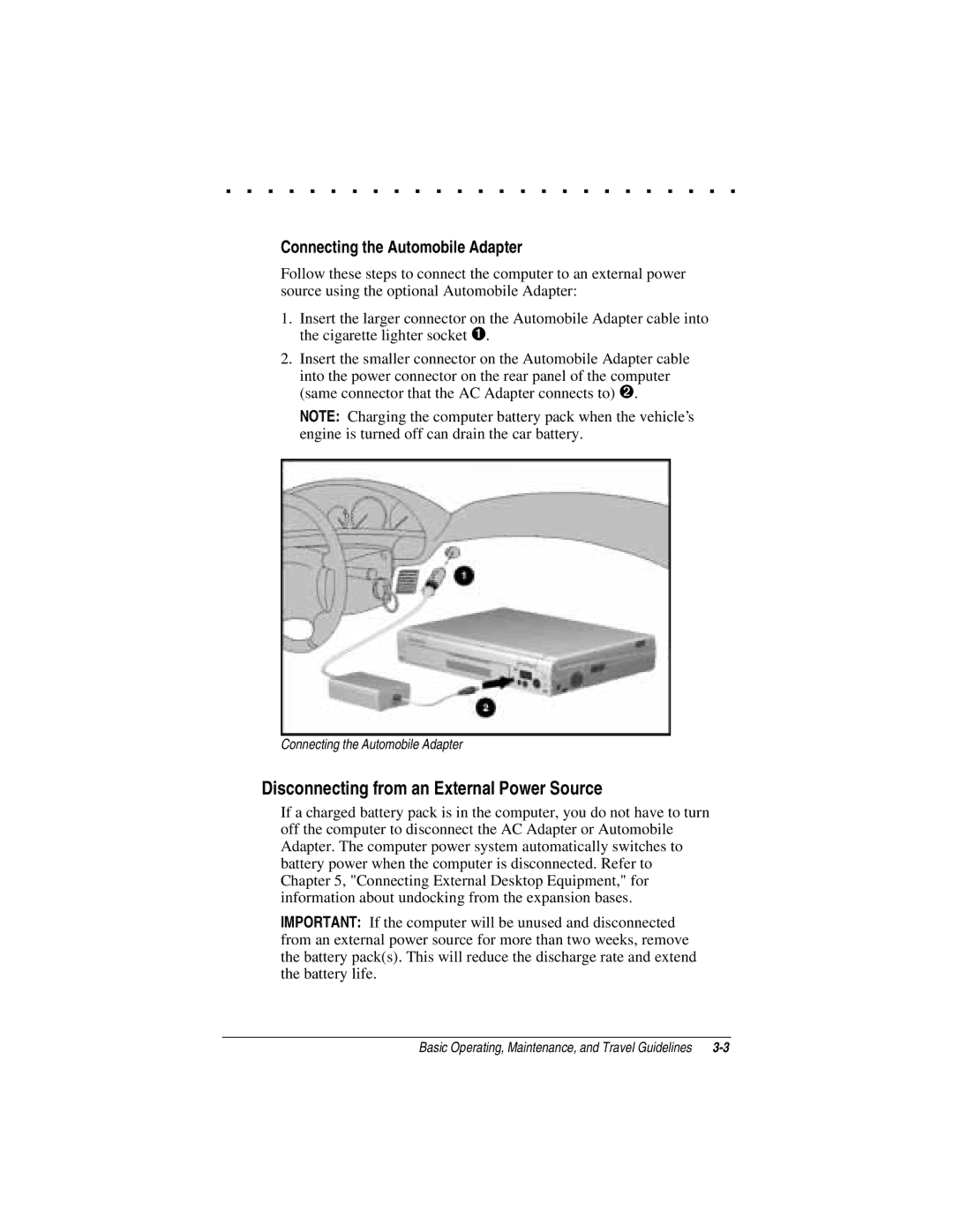 Compaq LTE 5000 manual Disconnecting from an External Power Source, Connecting the Automobile Adapter 