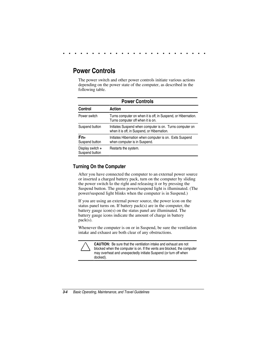 Compaq LTE 5000 manual Power Controls, Turning On the Computer 