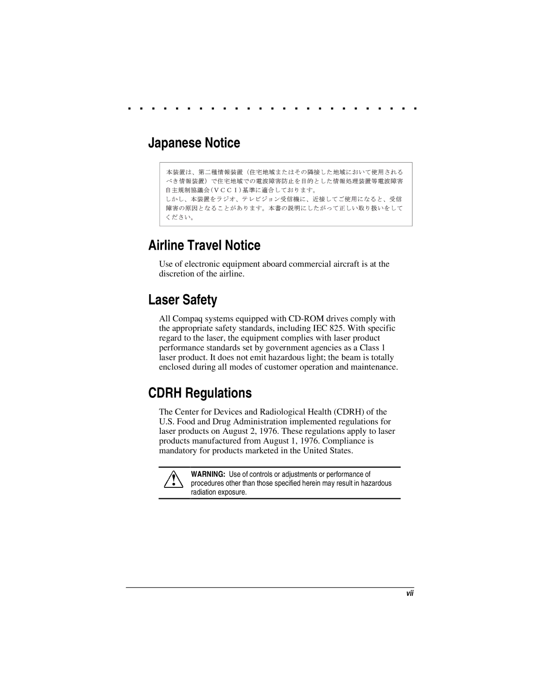 Compaq LTE 5000 manual Japanese Notice Airline Travel Notice, Laser Safety, Cdrh Regulations 