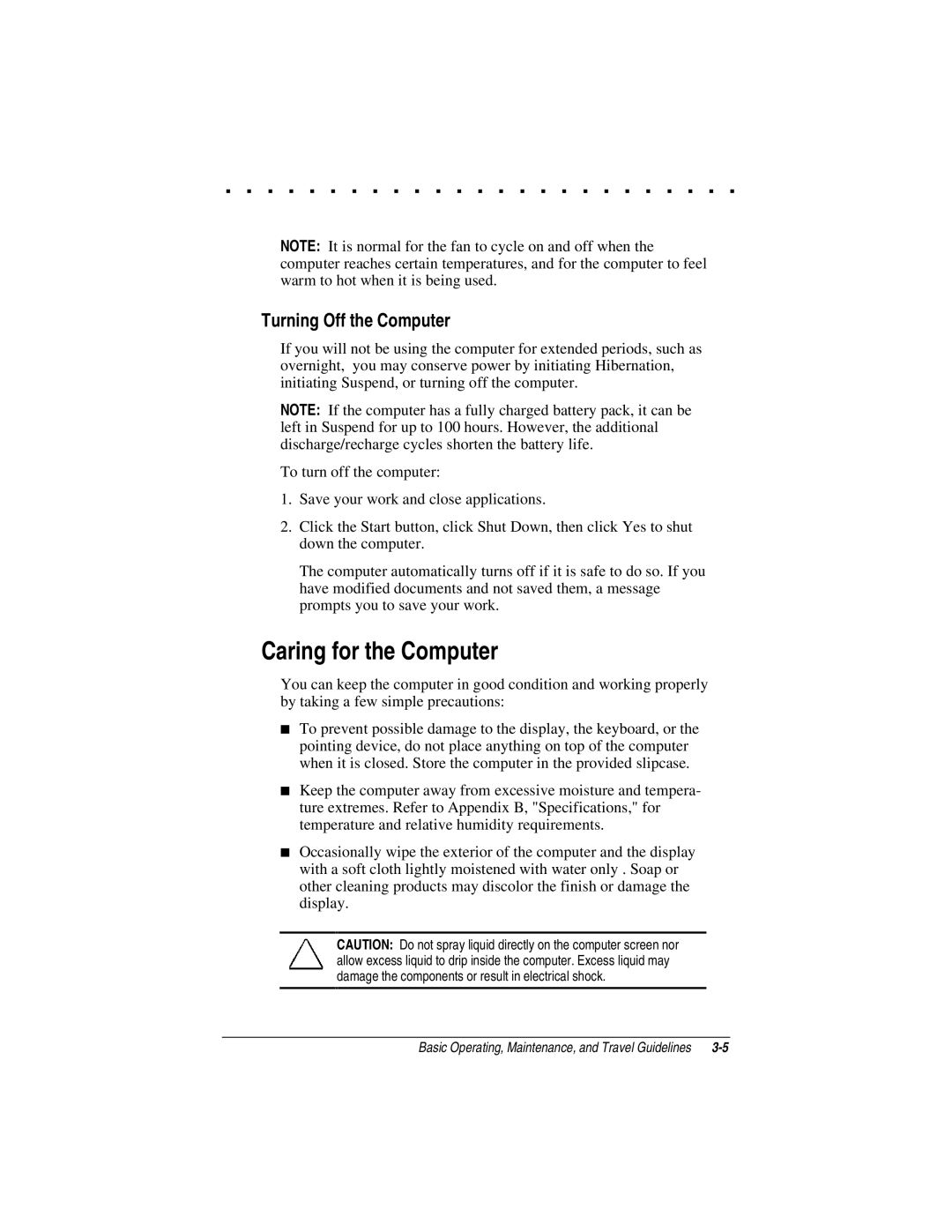 Compaq LTE 5000 manual Caring for the Computer, Turning Off the Computer 