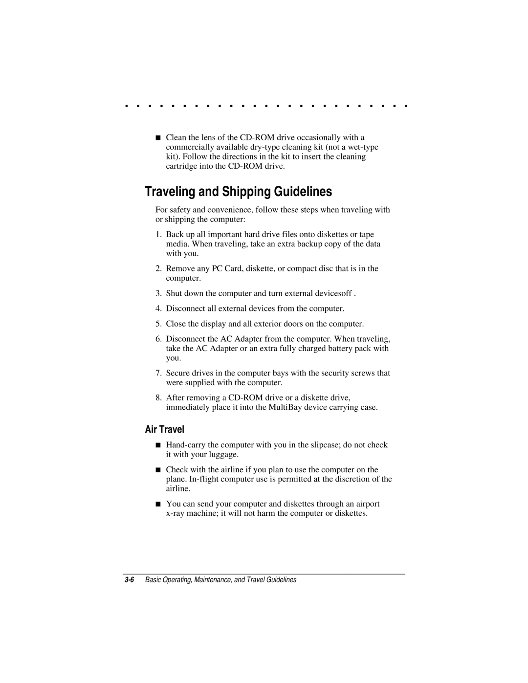 Compaq LTE 5000 manual Traveling and Shipping Guidelines, Air Travel 