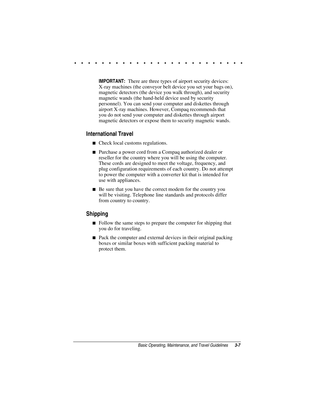 Compaq LTE 5000 manual International Travel, Shipping 