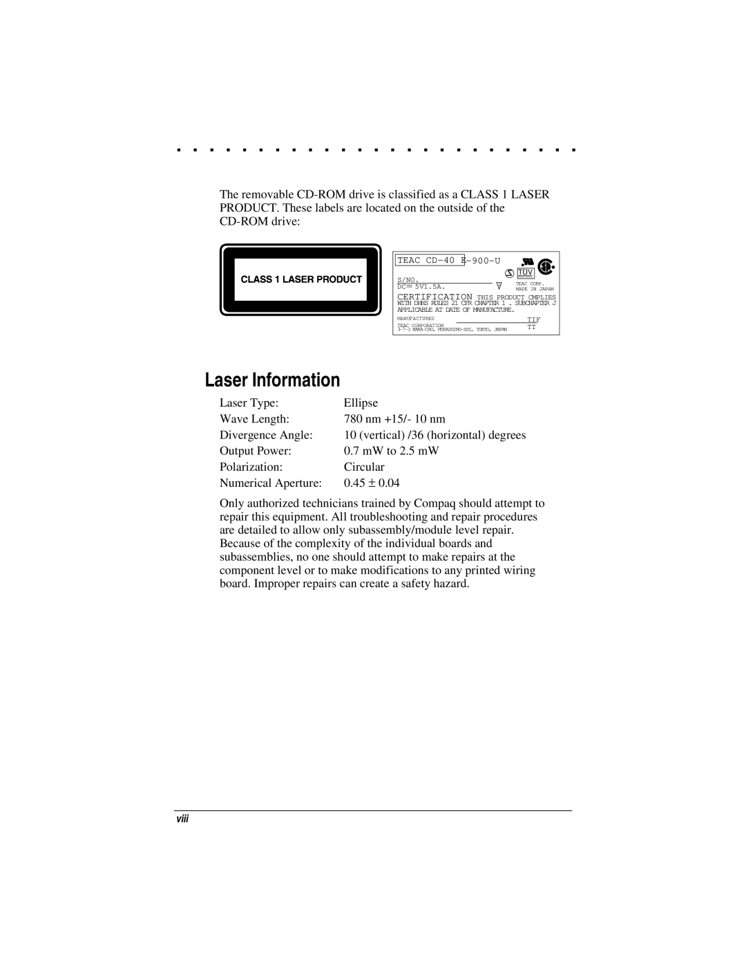 Compaq LTE 5000 manual Laser Information, Teac CD-40 E-900-U 