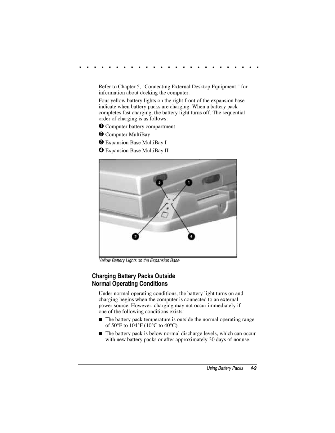 Compaq LTE 5000 manual Charging Battery Packs Outside Normal Operating Conditions 