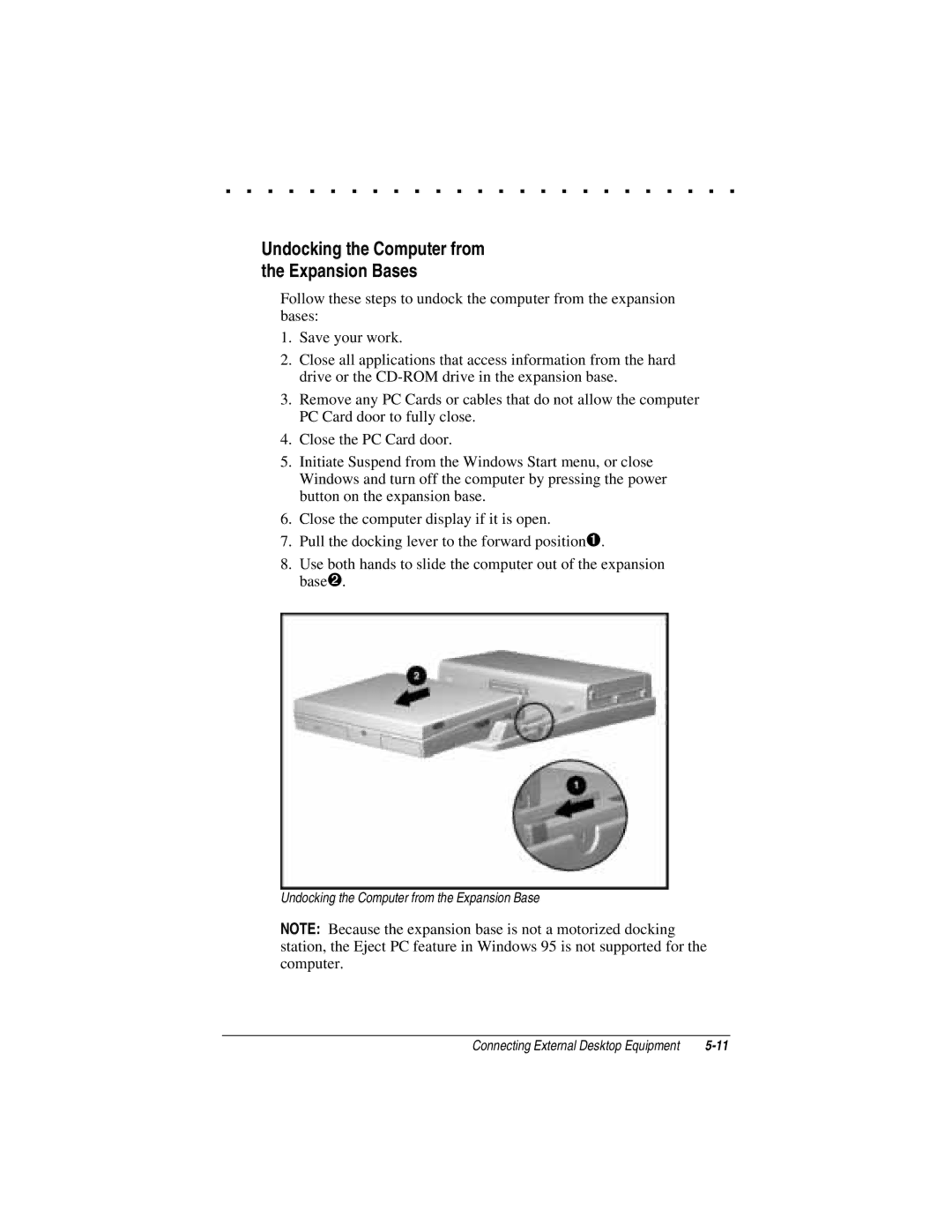 Compaq LTE 5000 manual Undocking the Computer from the Expansion Bases 