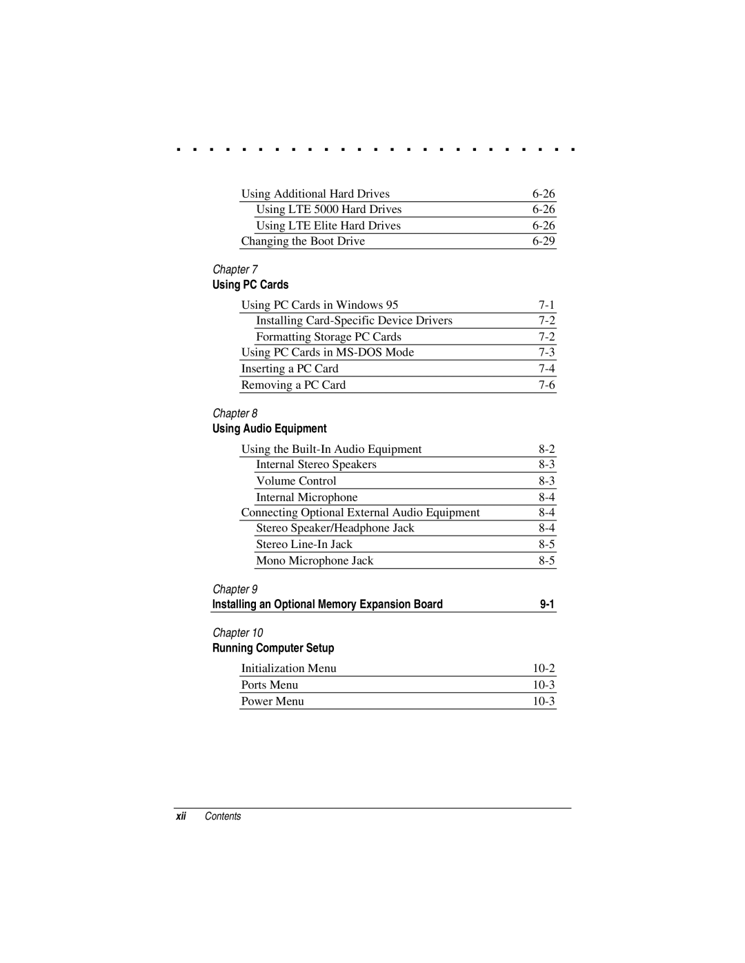 Compaq LTE 5000 manual Using PC Cards, Using Audio Equipment, Installing an Optional Memory Expansion Board 