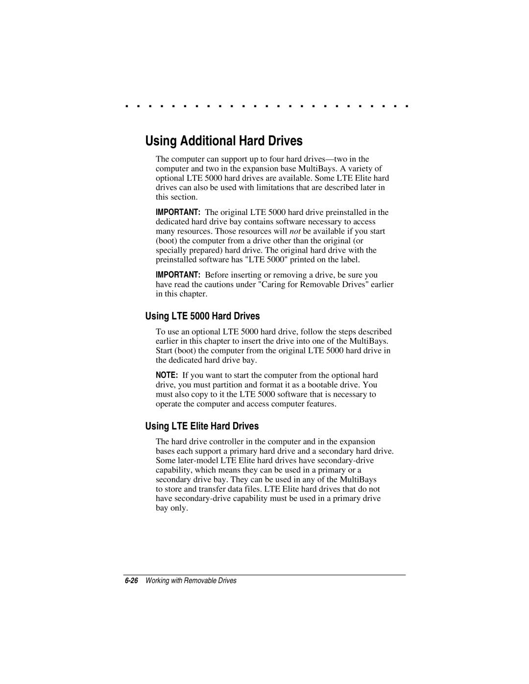 Compaq manual Using Additional Hard Drives, Using LTE 5000 Hard Drives, Using LTE Elite Hard Drives 