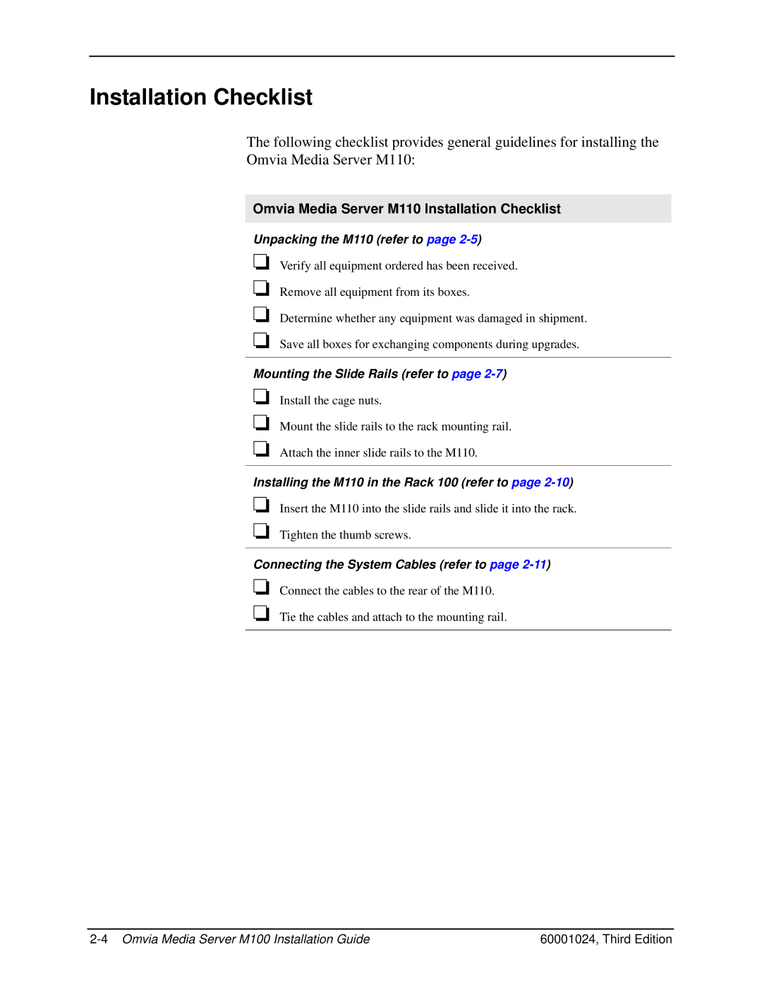 Compaq M100 manual Omvia Media Server M110 Installation Checklist 