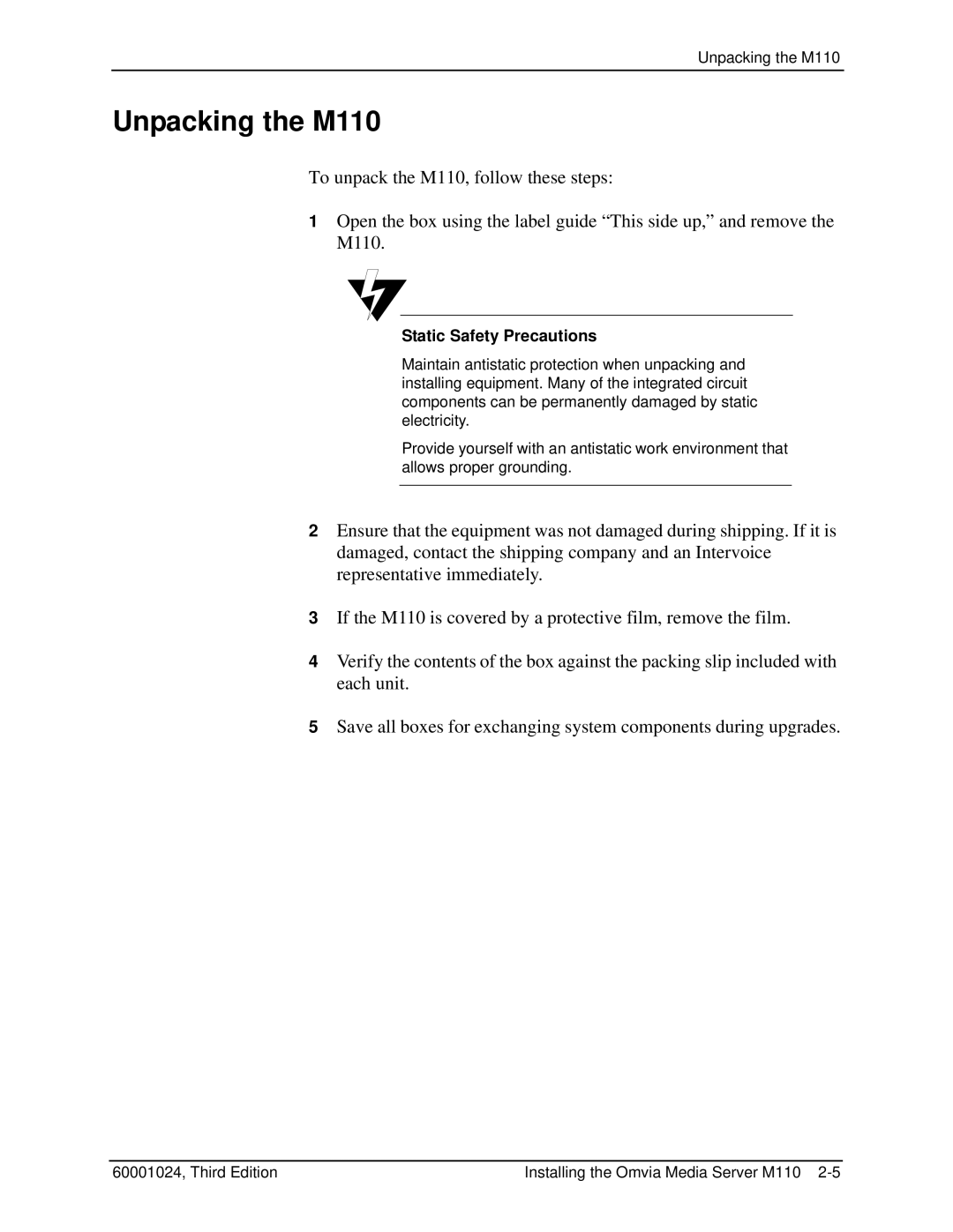 Compaq M100 manual Unpacking the M110, Static Safety Precautions 