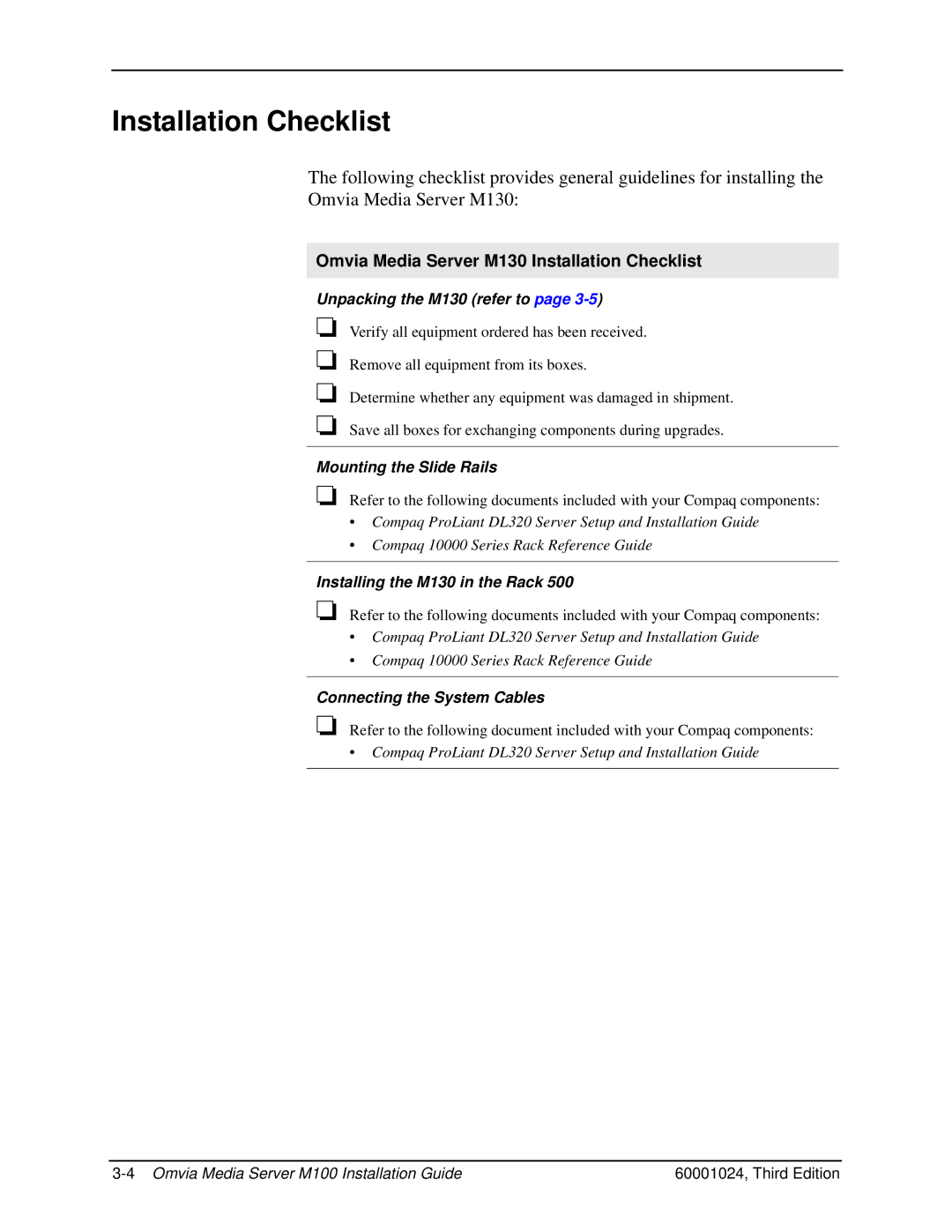 Compaq M100 manual Omvia Media Server M130 Installation Checklist 