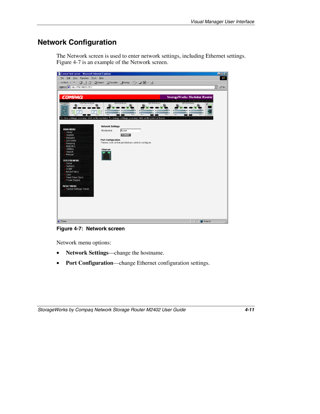 Compaq M2402 manual Network Configuration, Network screen 