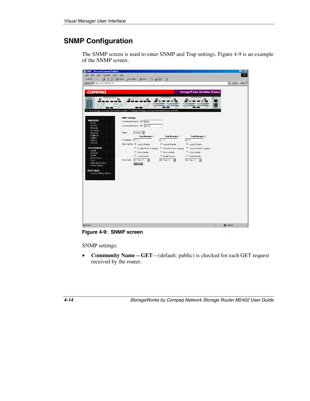 Compaq M2402 manual Snmp Configuration, Snmp screen 