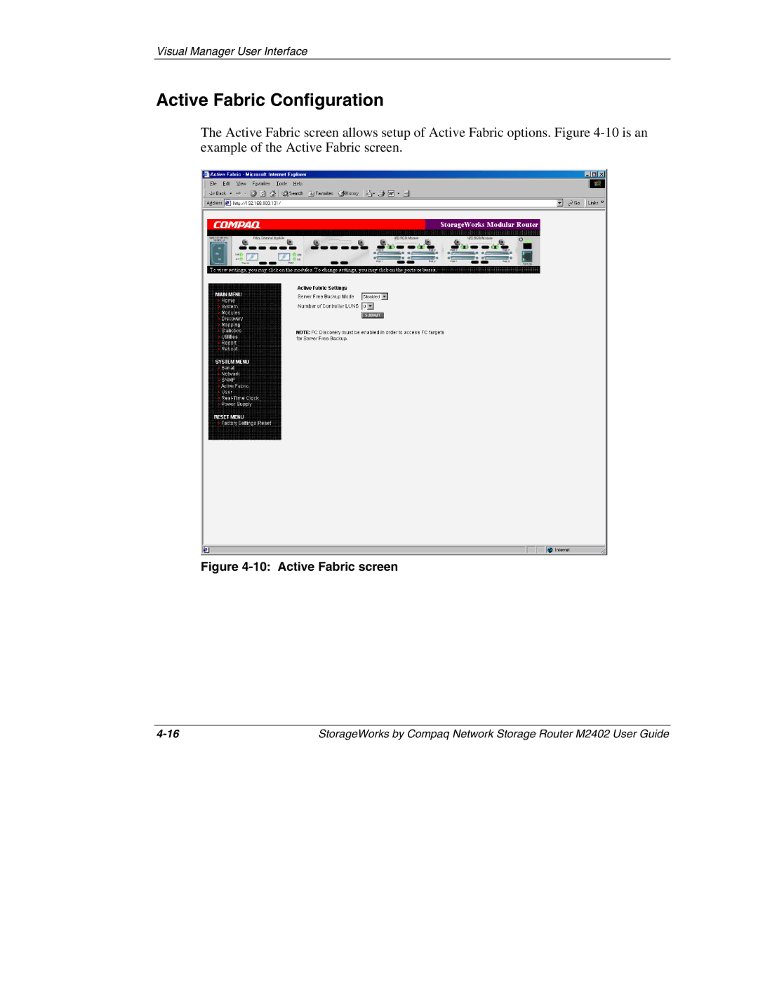 Compaq M2402 manual Active Fabric Configuration, Active Fabric screen 