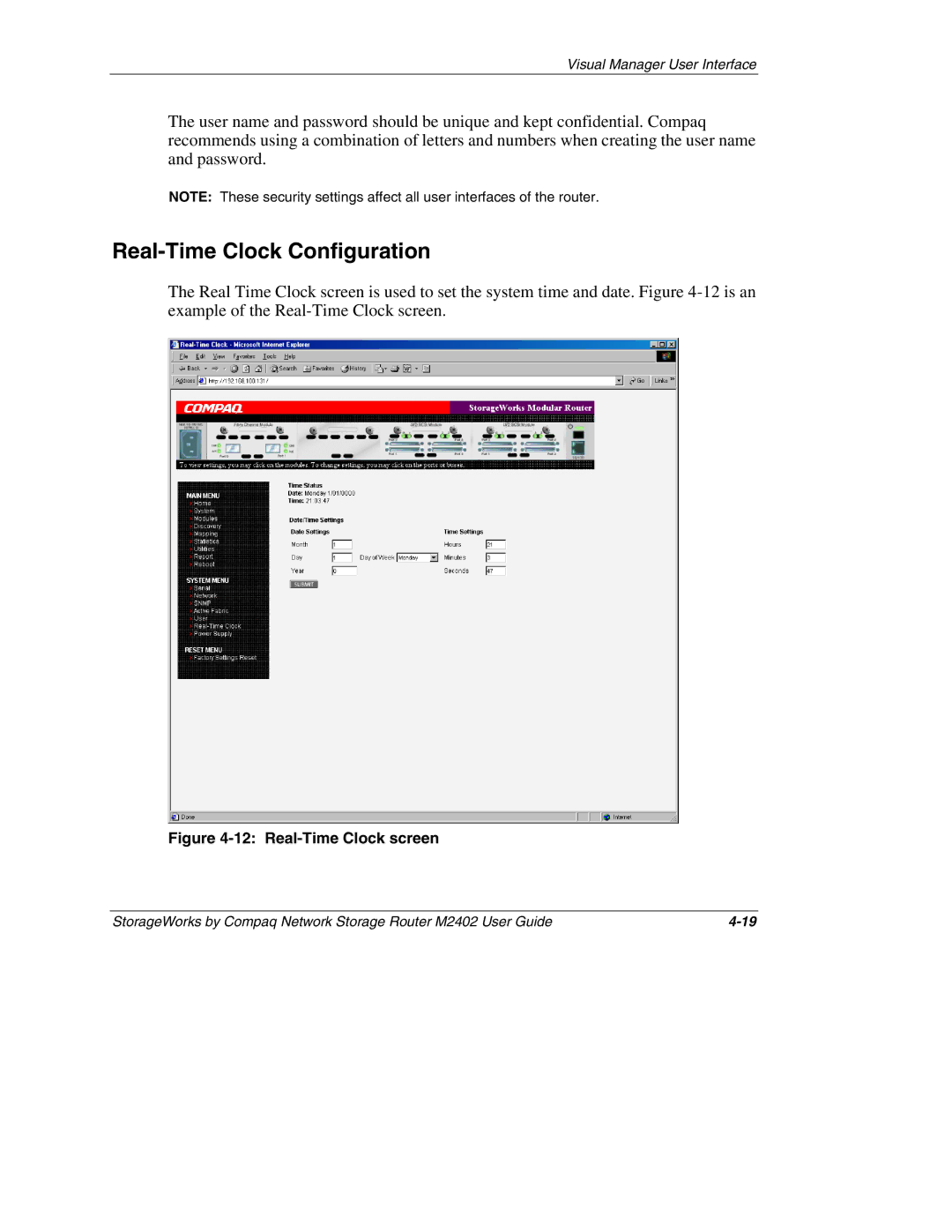 Compaq M2402 manual Real-Time Clock Configuration, Real-Time Clock screen 