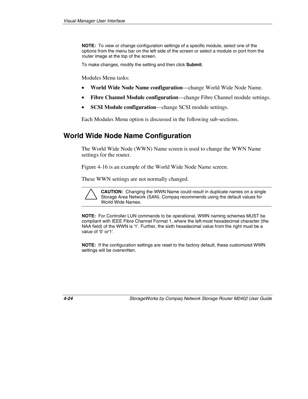 Compaq M2402 manual World Wide Node Name Configuration 