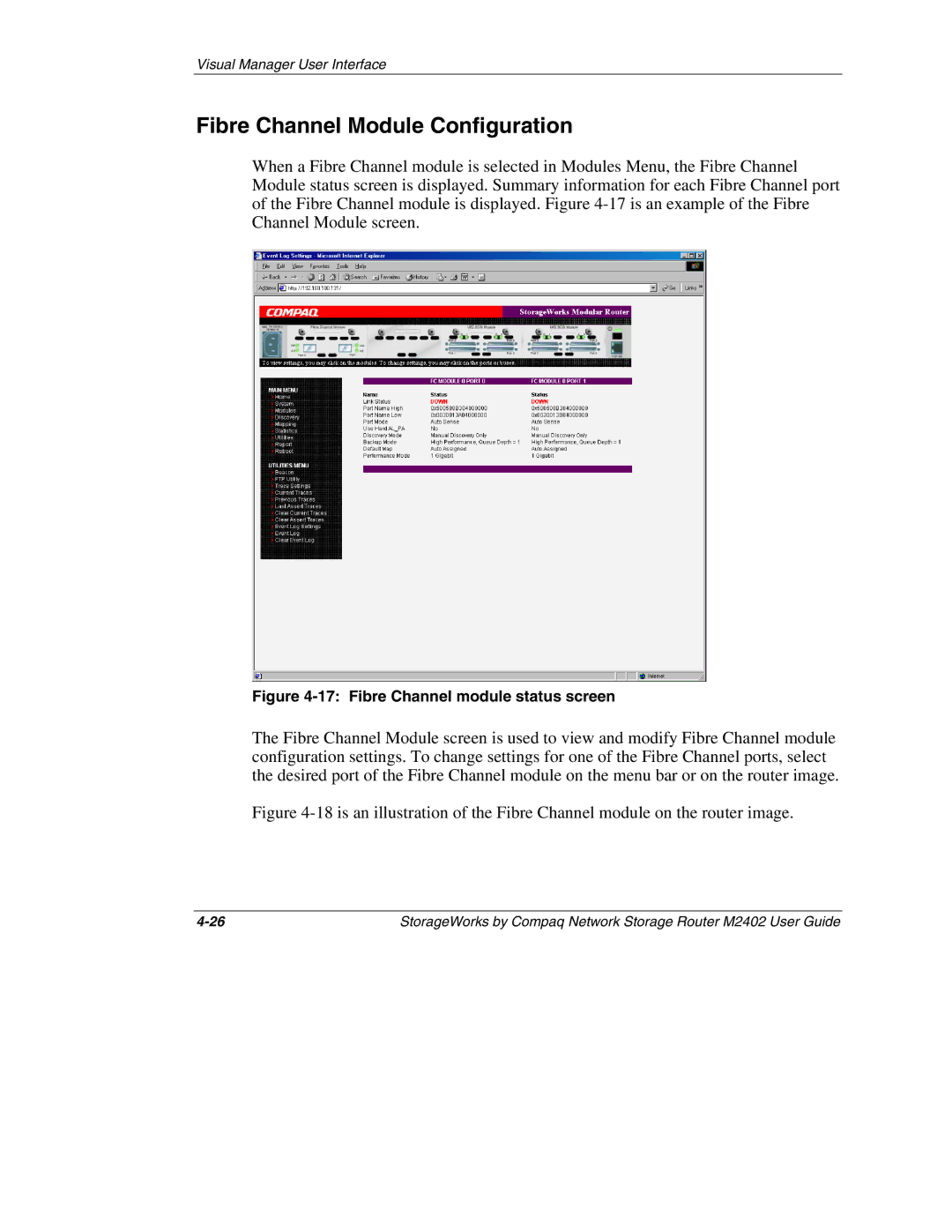 Compaq M2402 manual Fibre Channel Module Configuration, Fibre Channel module status screen 