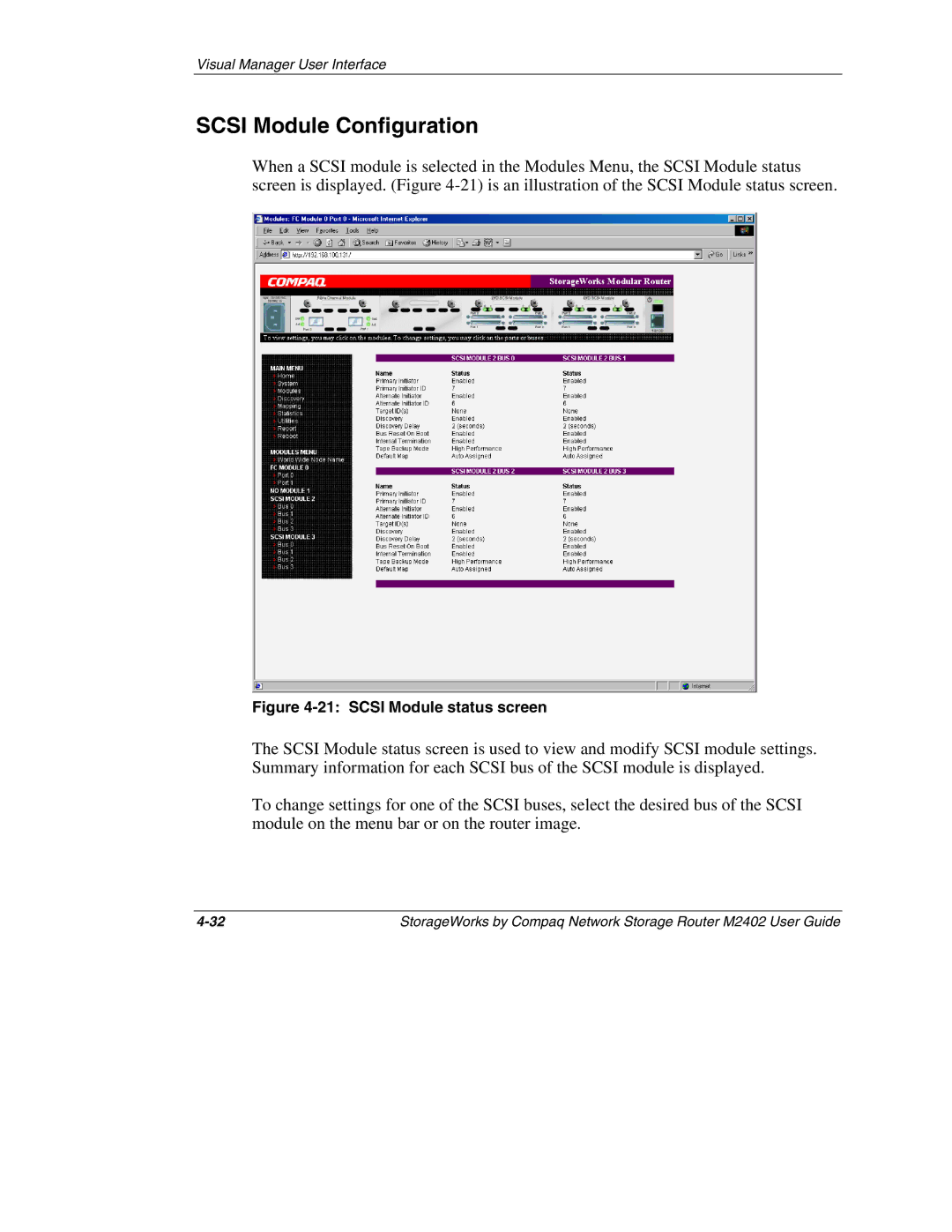 Compaq M2402 manual Scsi Module Configuration, Scsi Module status screen 