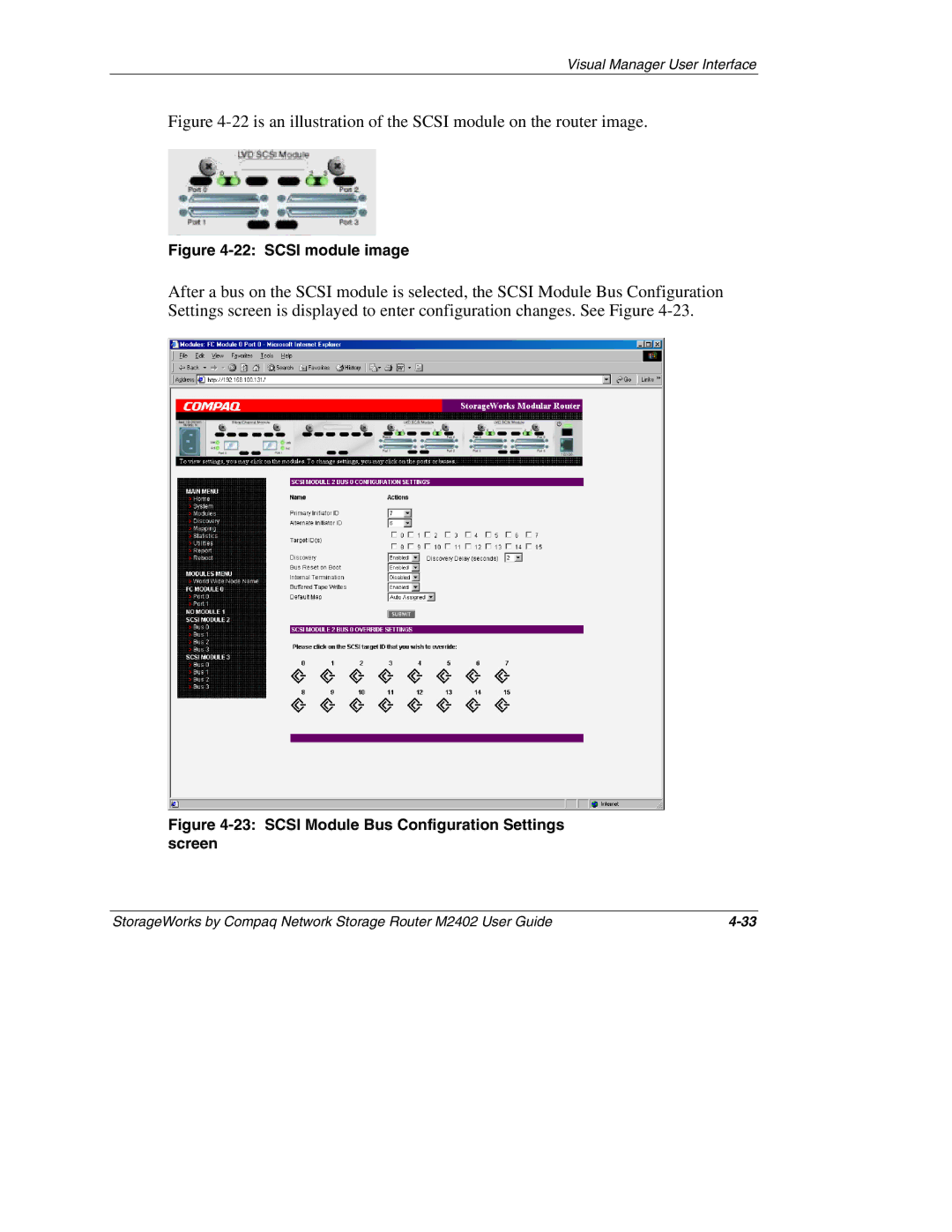 Compaq M2402 manual is an illustration of the Scsi module on the router image 