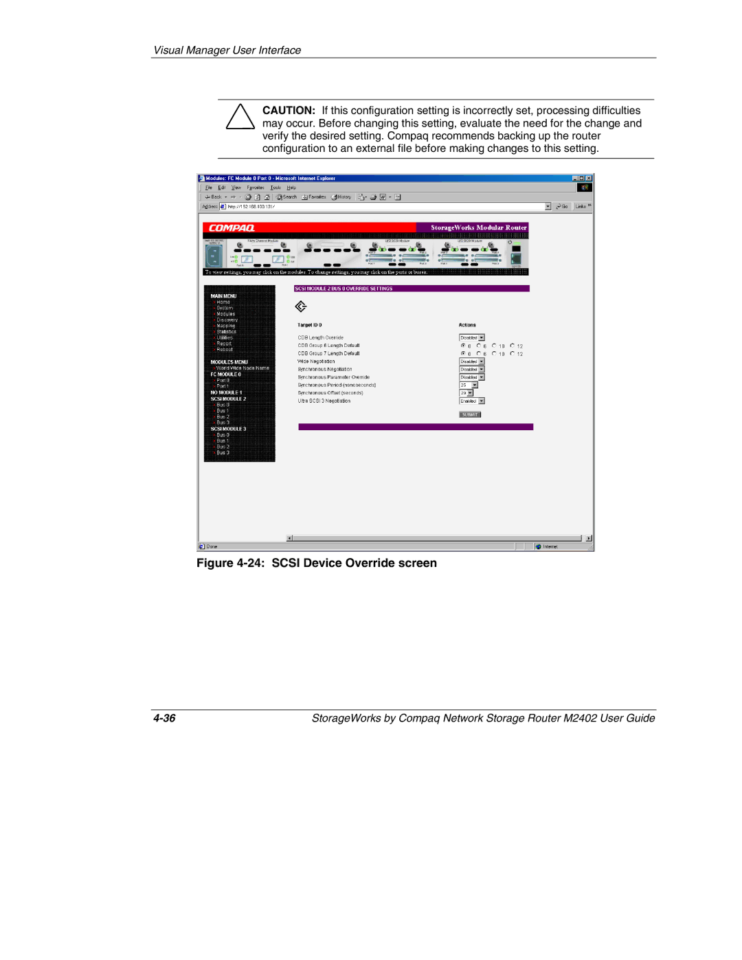 Compaq M2402 manual Scsi Device Override screen 