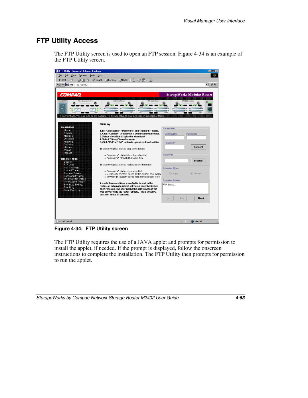 Compaq M2402 manual FTP Utility Access, FTP Utility screen 