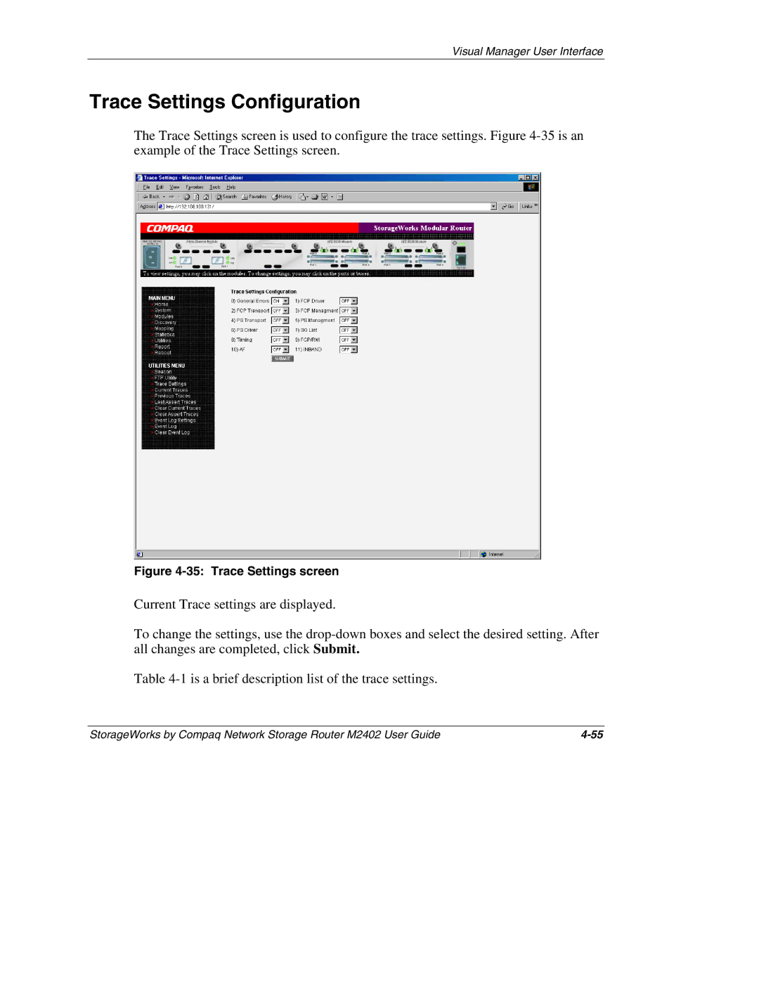 Compaq M2402 manual Trace Settings Configuration, Trace Settings screen 