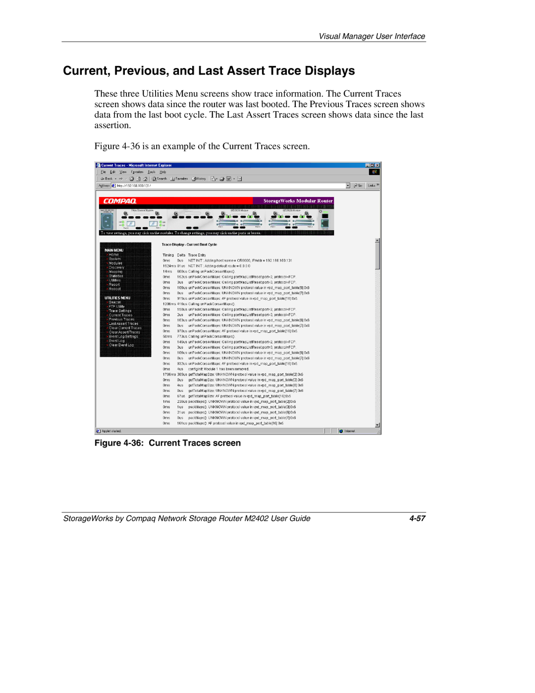 Compaq M2402 manual Current, Previous, and Last Assert Trace Displays, is an example of the Current Traces screen 