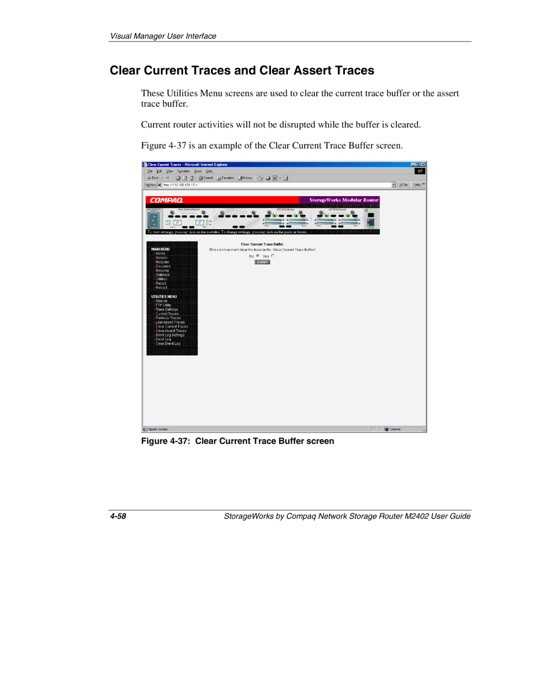 Compaq M2402 manual Clear Current Traces and Clear Assert Traces, is an example of the Clear Current Trace Buffer screen 