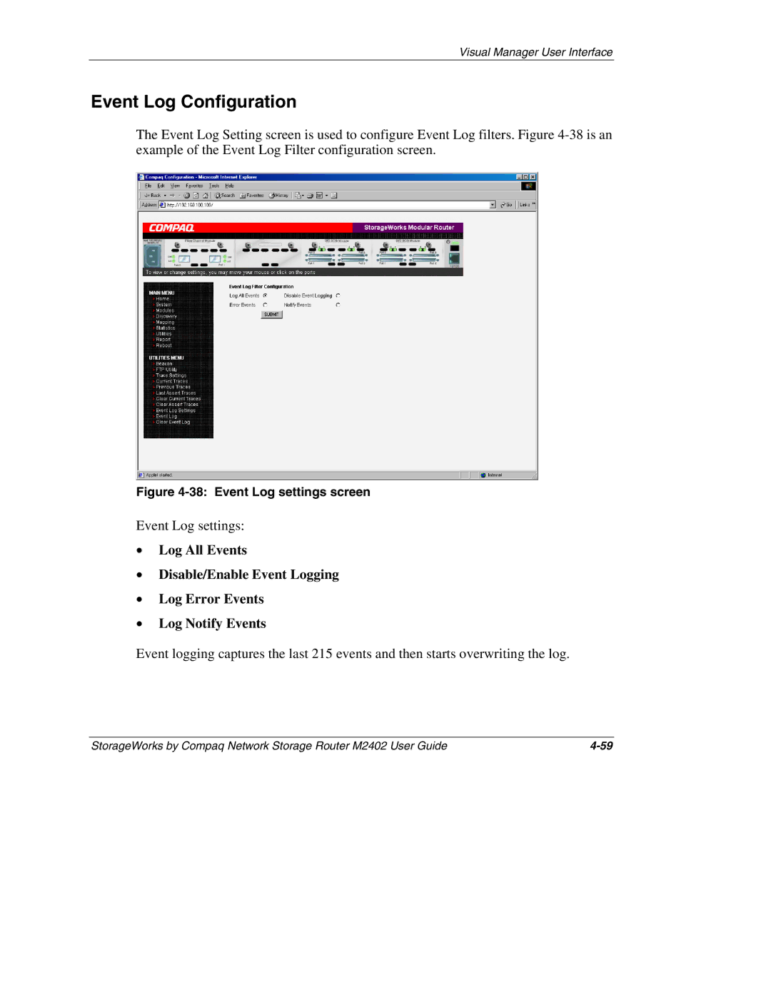 Compaq M2402 manual Event Log Configuration, Event Log settings screen 