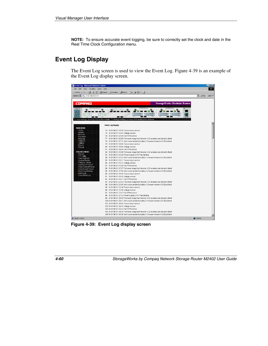 Compaq M2402 manual Event Log Display, Event Log display screen 