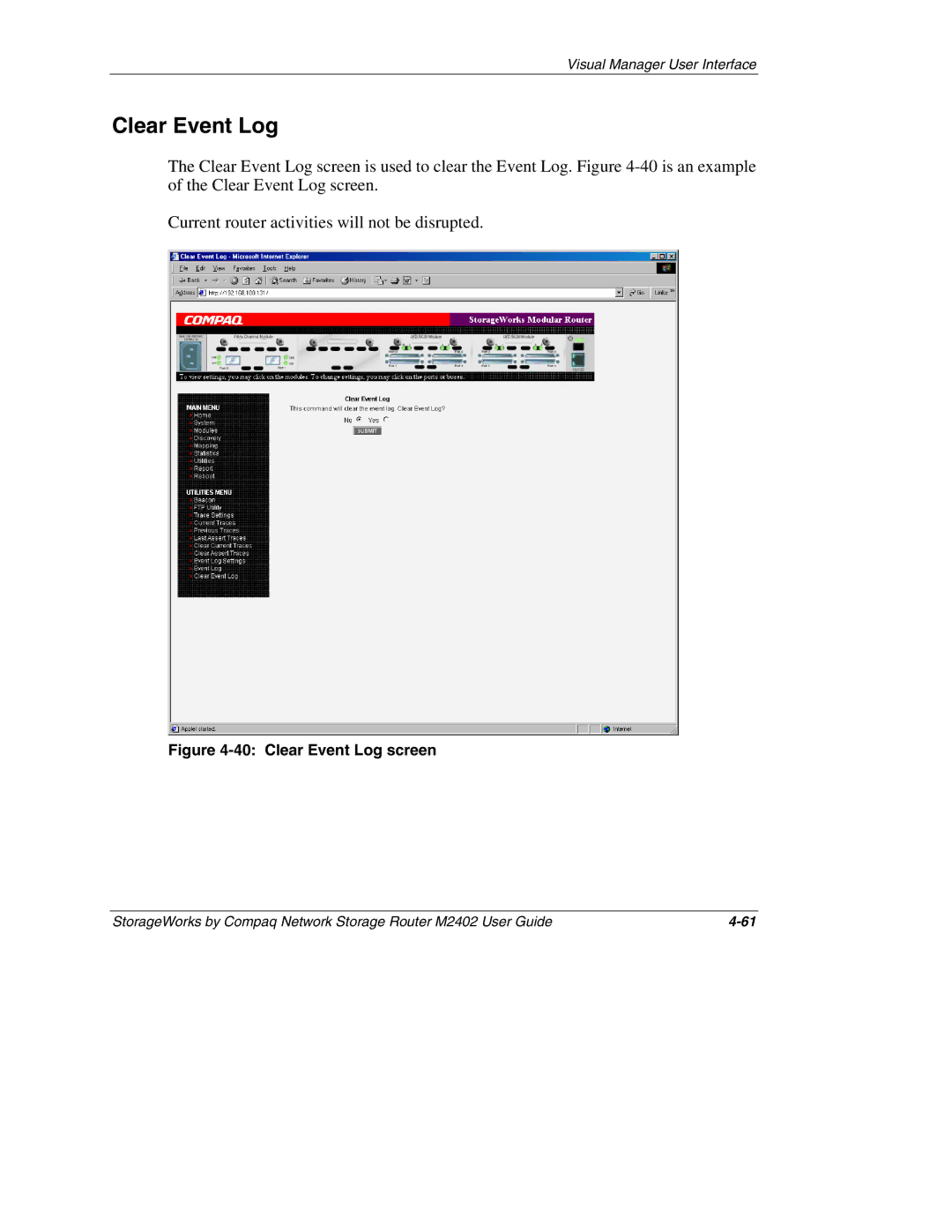 Compaq M2402 manual Clear Event Log screen 