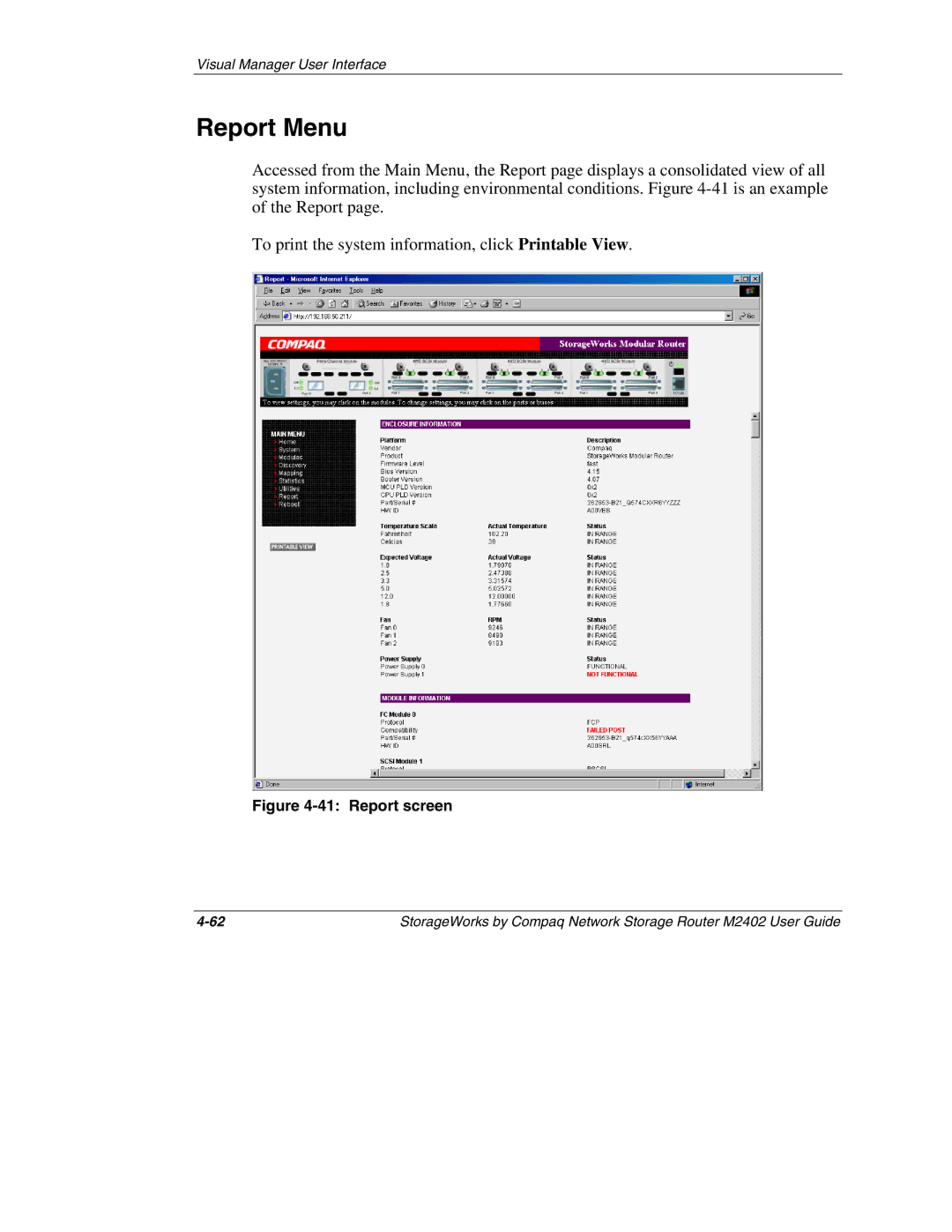 Compaq M2402 manual Report Menu, Report screen 