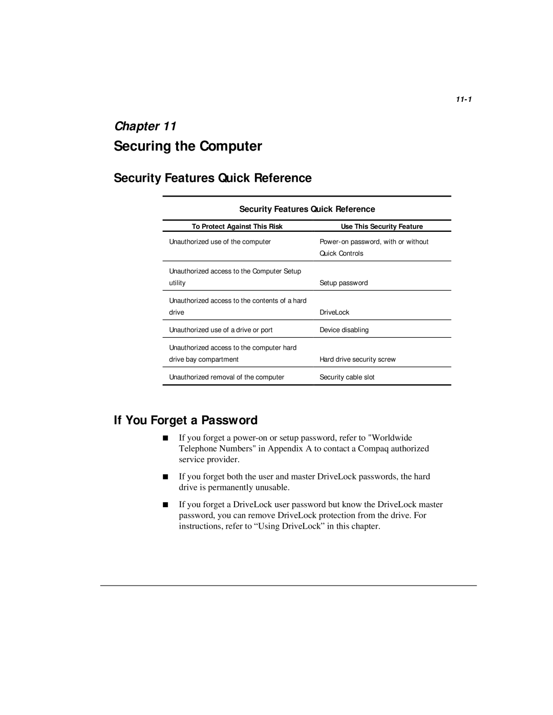 Compaq M300 manual Securing the Computer, Security Features Quick Reference, If You Forget a Password, 11-1 