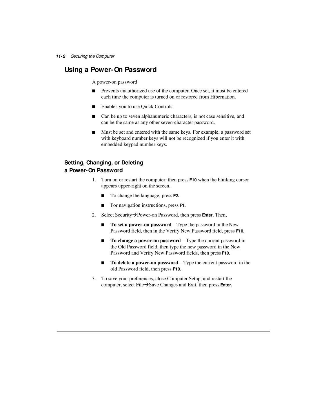 Compaq M300 manual Using a Power-On Password, 11-2Securing the Computer, Setting, Changing, or Deleting a Power-On Password 