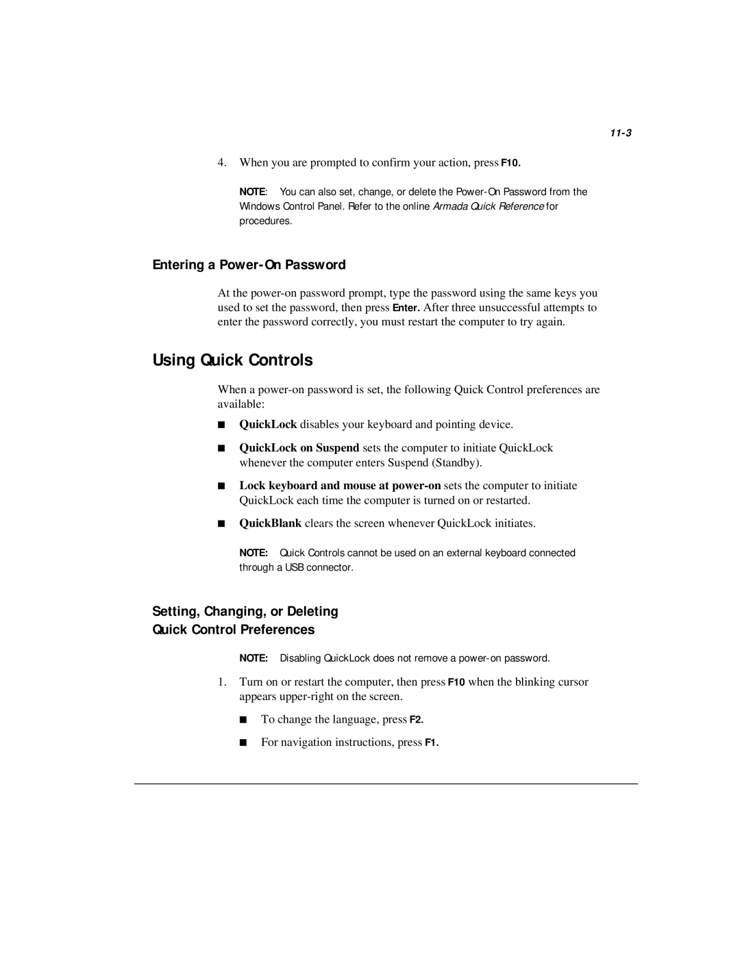 Compaq M300 Using Quick Controls, Entering a Power-On Password, Setting, Changing, or Deleting Quick Control Preferences 