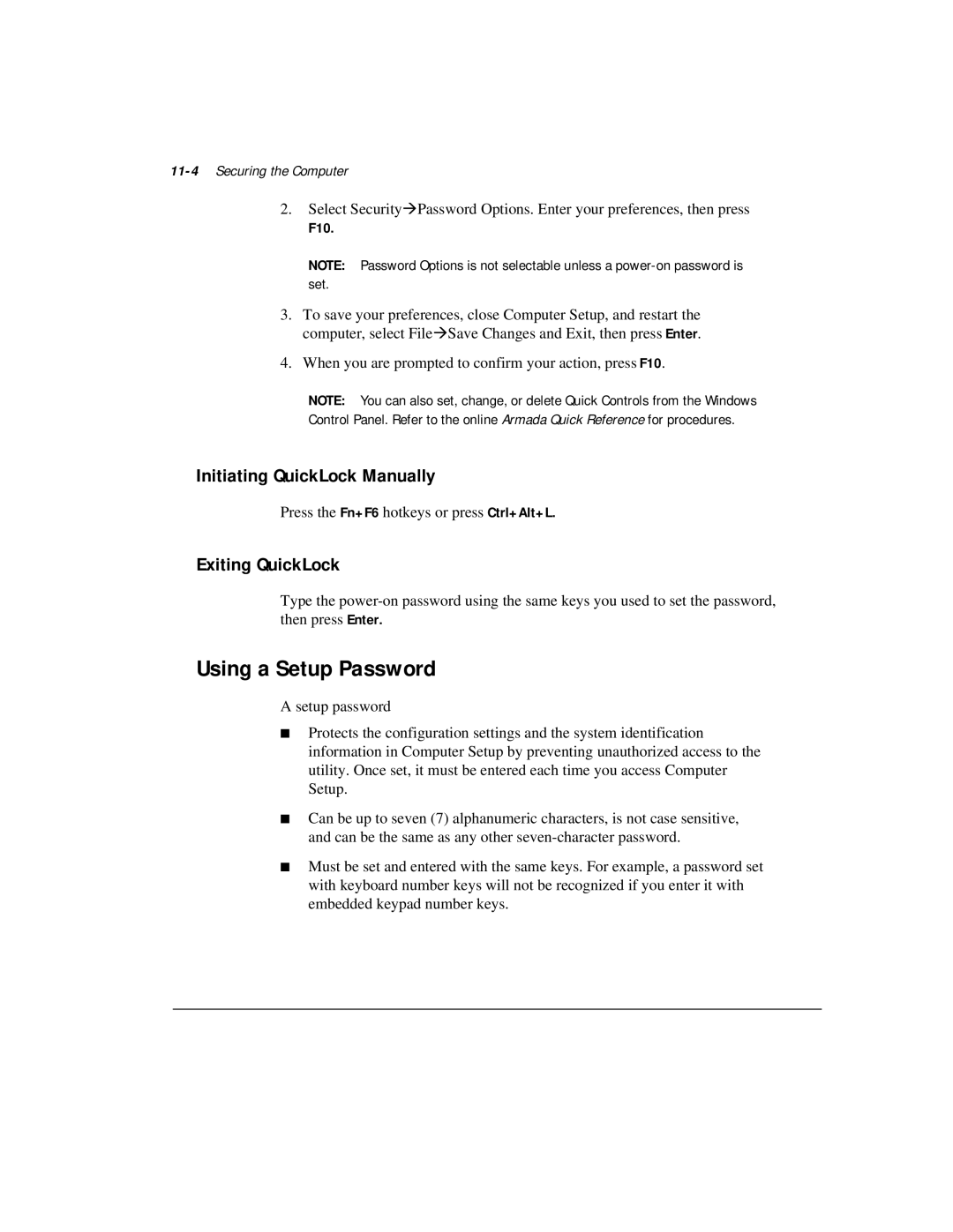 Compaq M300 manual Using a Setup Password, Initiating QuickLock Manually, Exiting QuickLock, 11-4Securing the Computer, F10 