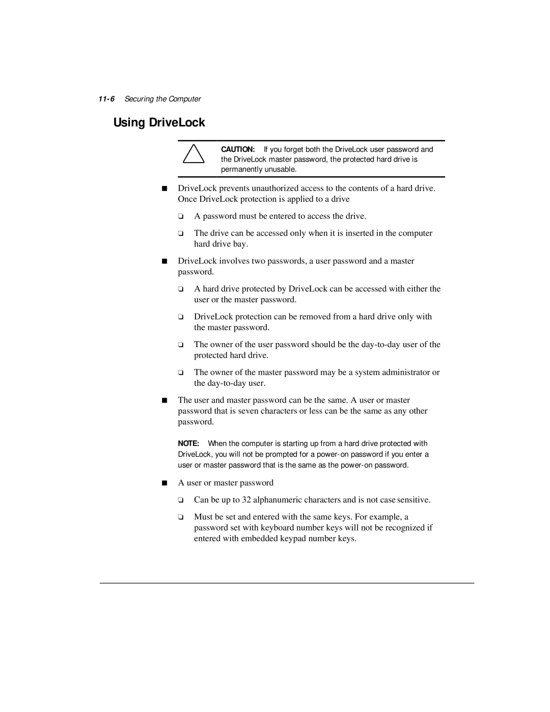 Compaq M300 manual Using DriveLock, 11-6Securing the Computer 