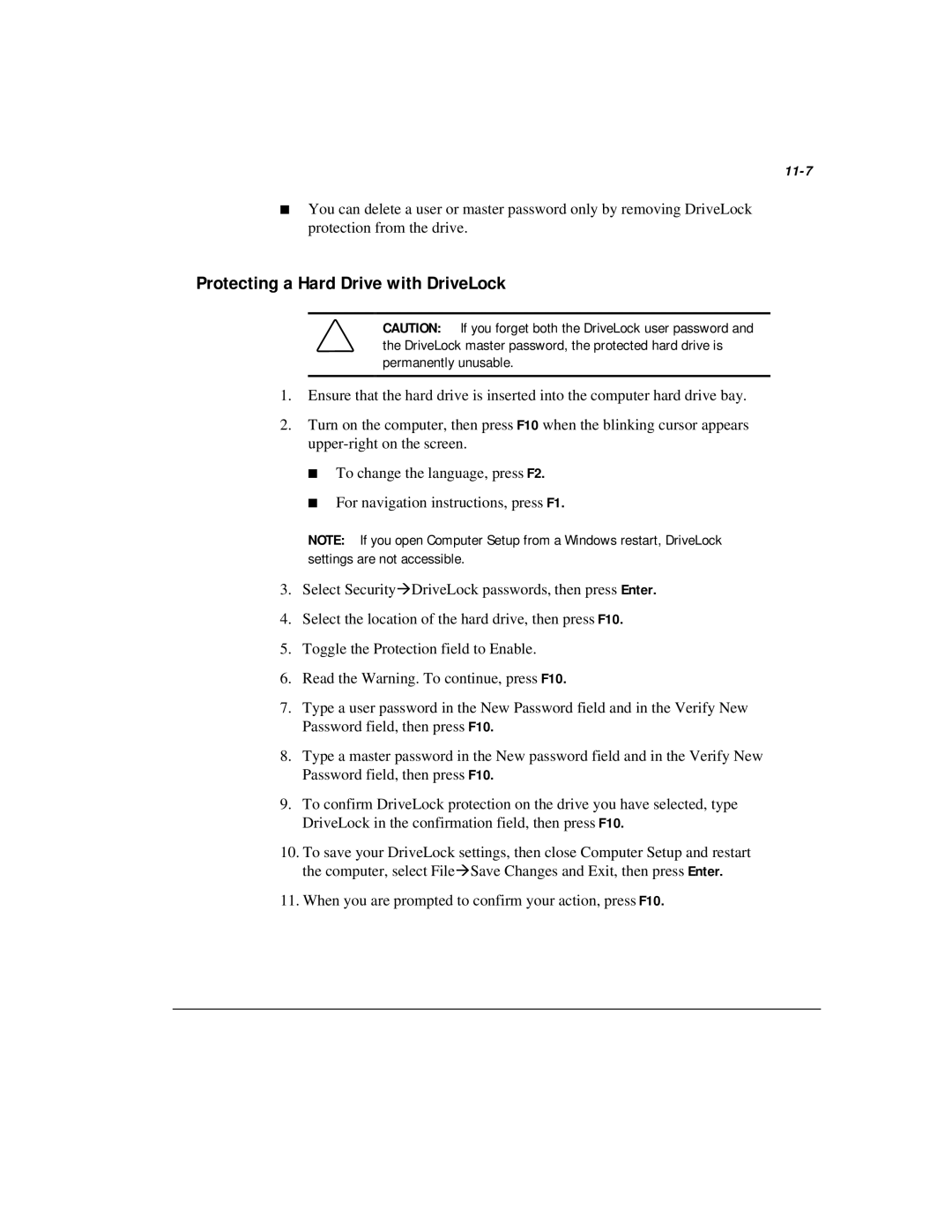 Compaq M300 manual Protecting a Hard Drive with DriveLock, 11-7 