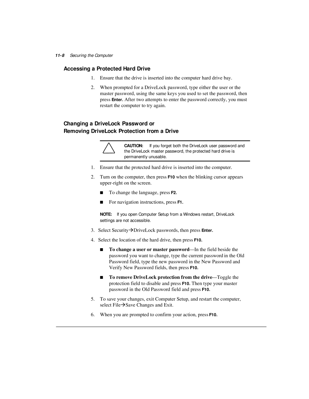 Compaq M300 manual Accessing a Protected Hard Drive, 11-8Securing the Computer 