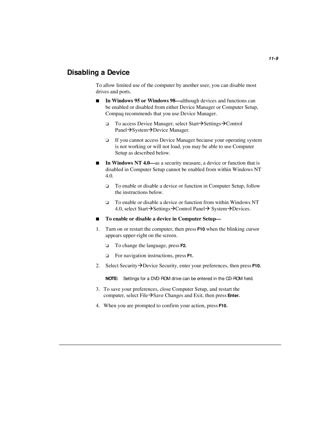 Compaq M300 manual Disabling a Device, 11-9 