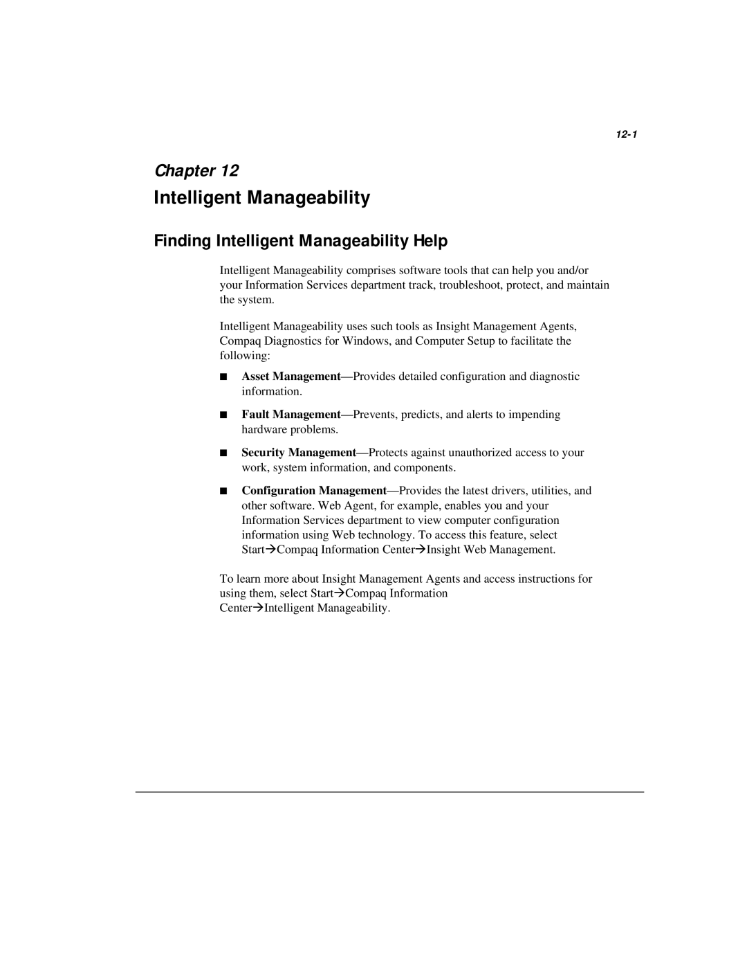 Compaq M300 manual Finding Intelligent Manageability Help, 12-1 