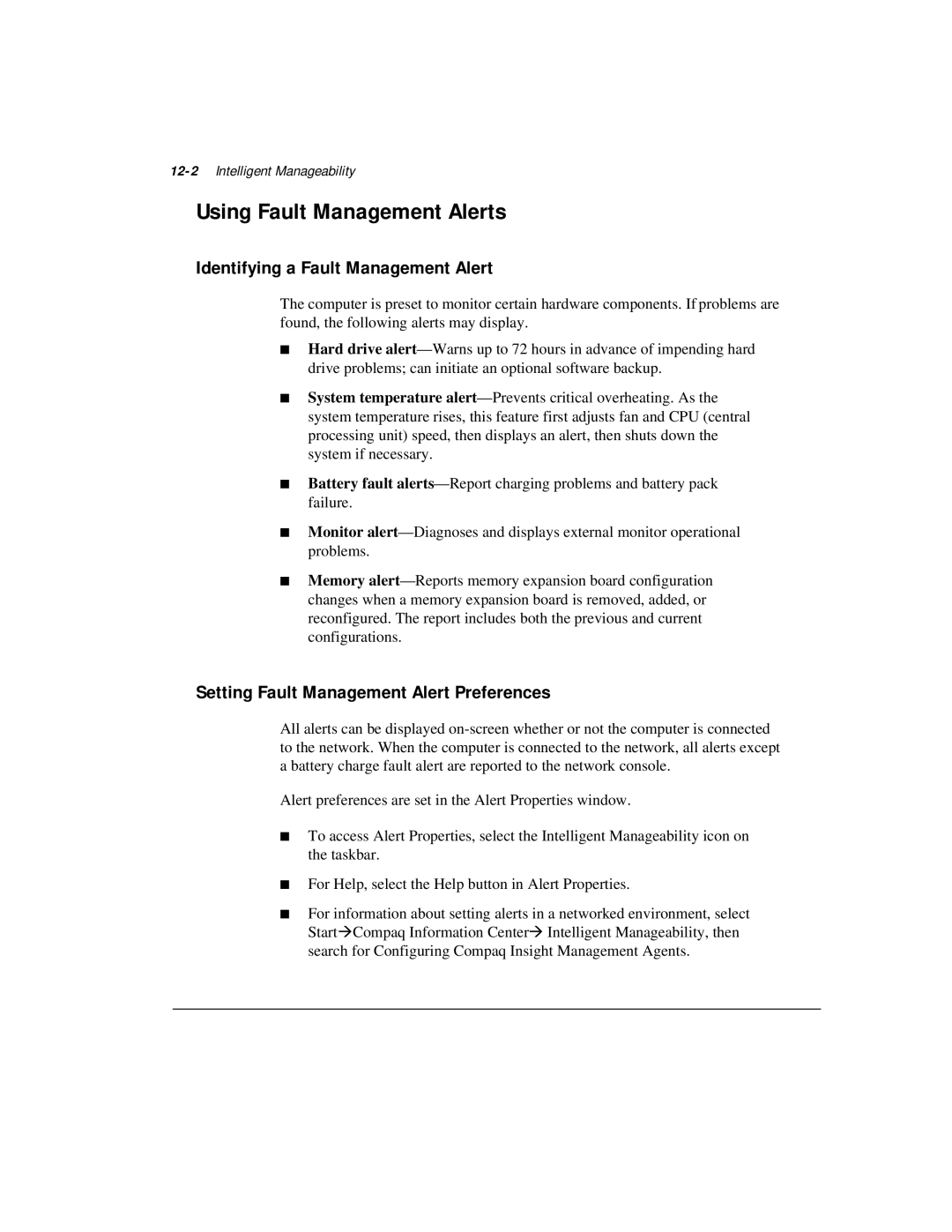 Compaq M300 manual Using Fault Management Alerts, Identifying a Fault Management Alert, 12-2Intelligent Manageability 