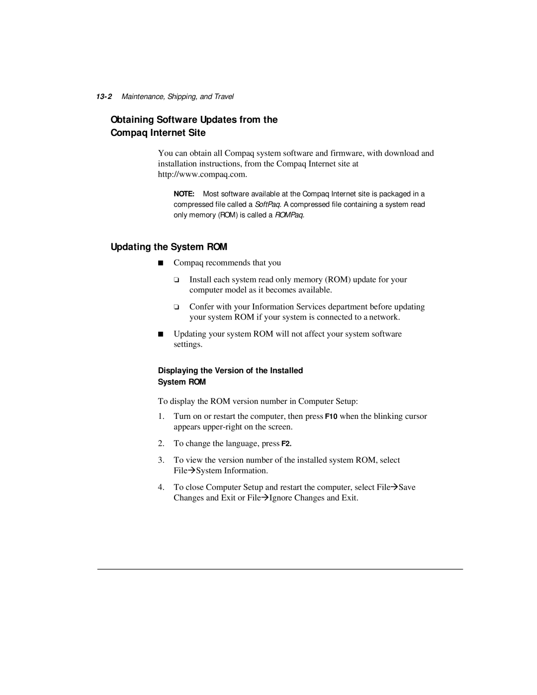 Compaq M300 manual Displaying the Version of the Installed System ROM, 13-2Maintenance, Shipping, and Travel 