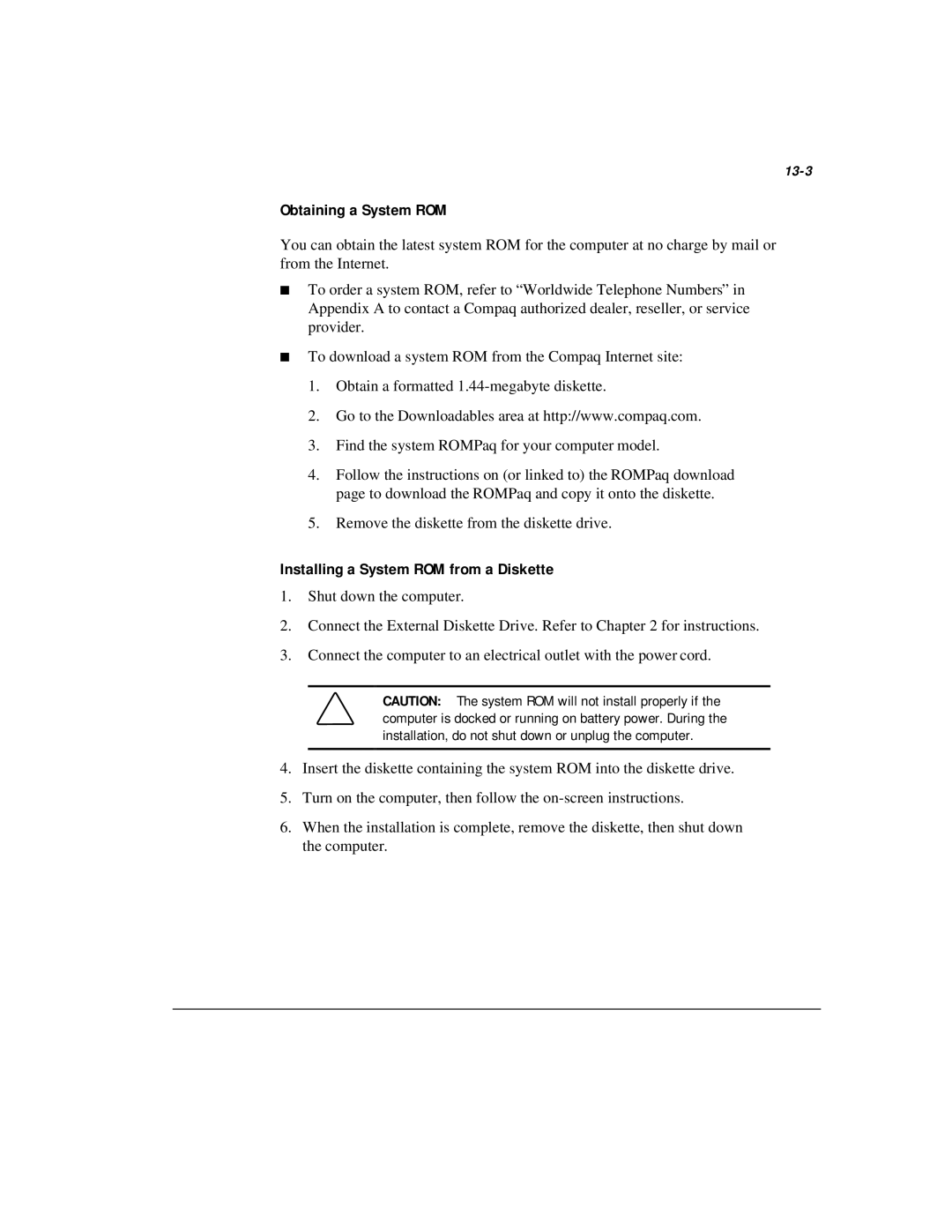 Compaq M300 manual Obtaining a System ROM, Installing a System ROM from a Diskette, 13-3 