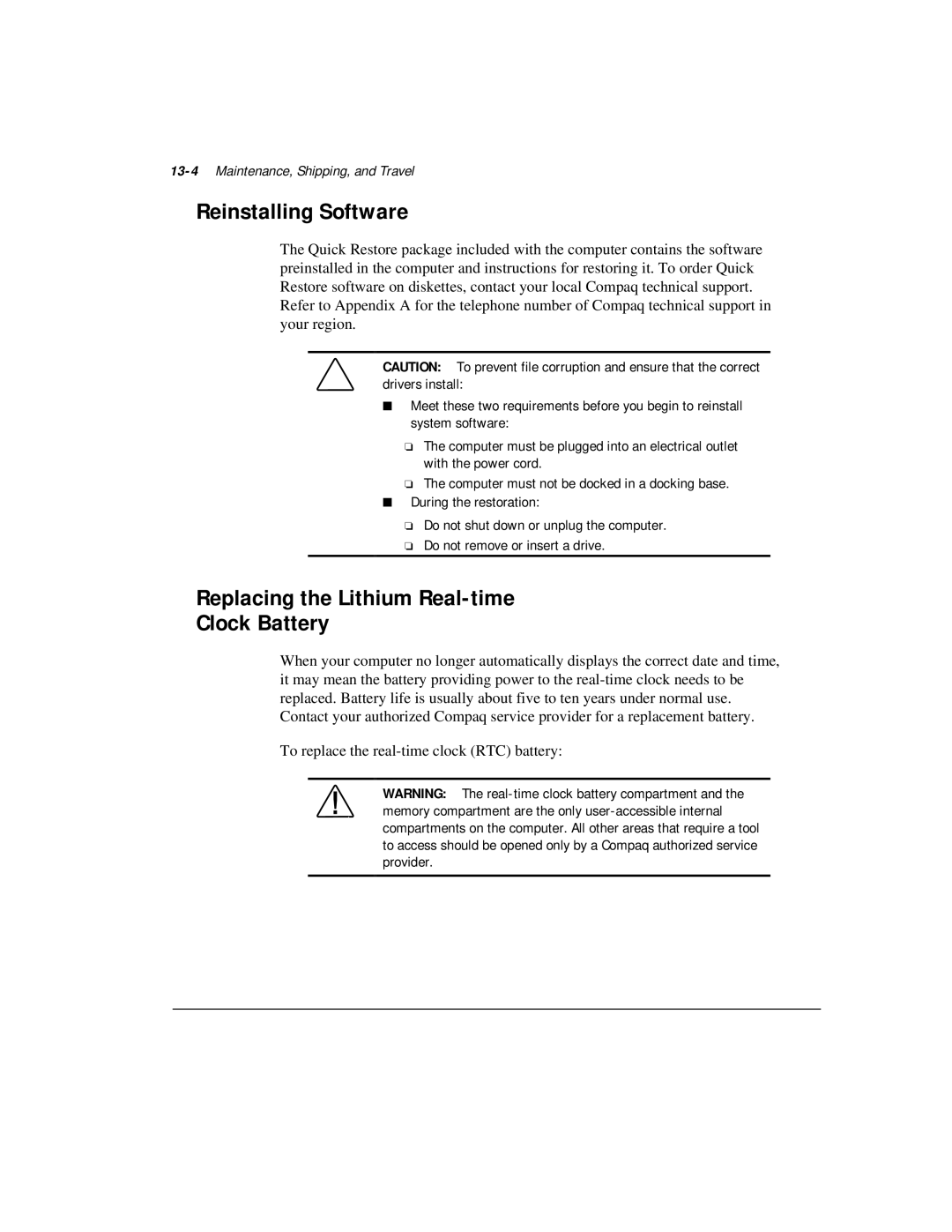 Compaq M300 Reinstalling Software, Replacing the Lithium Real-time Clock Battery, 13-4Maintenance, Shipping, and Travel 