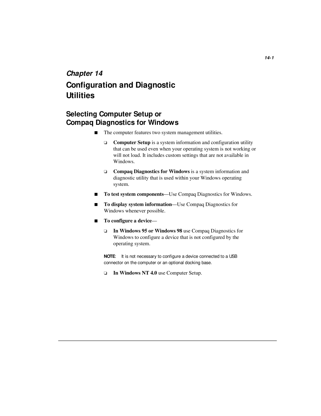 Compaq M300 manual Configuration and Diagnostic Utilities, Selecting Computer Setup or Compaq Diagnostics for Windows, 14-1 