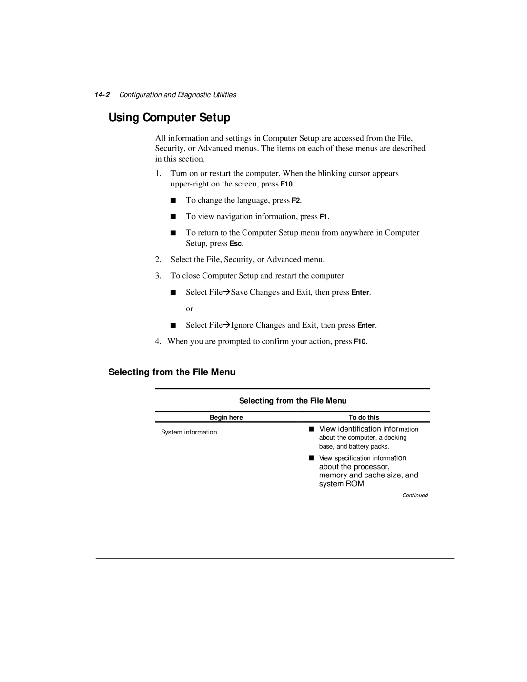 Compaq M300 manual Using Computer Setup, Selecting from the File Menu, 14-2Configuration and Diagnostic Utilities 