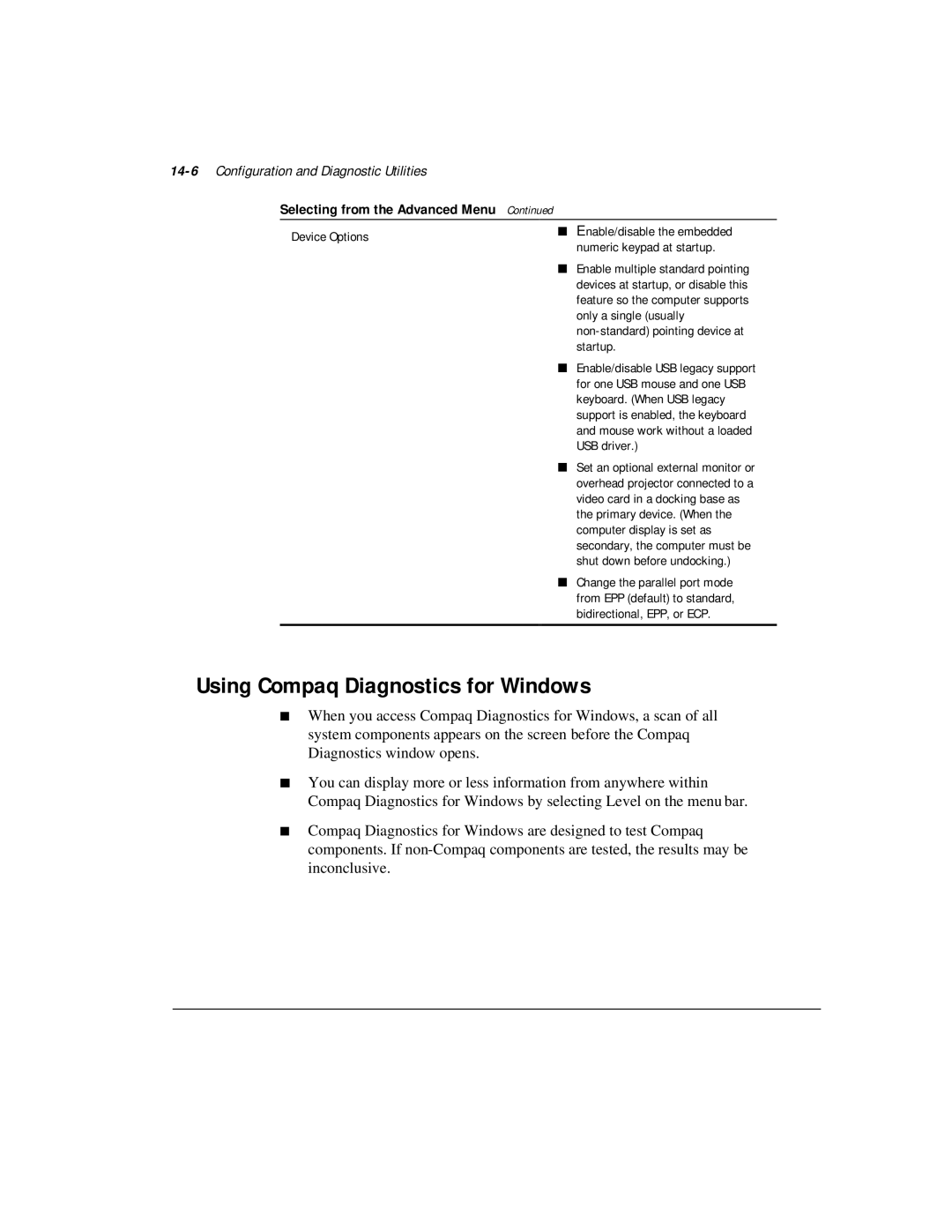 Compaq M300 manual Using Compaq Diagnostics for Windows, 14-6Configuration and Diagnostic Utilities 