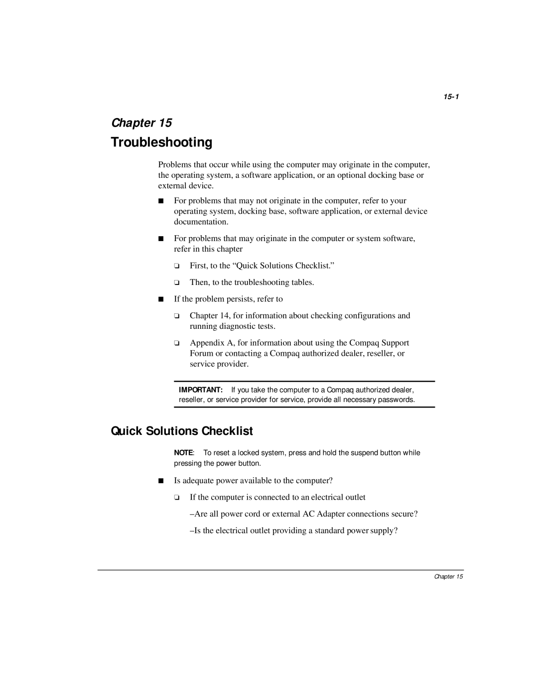 Compaq M300 manual Troubleshooting, Quick Solutions Checklist, 15-1 