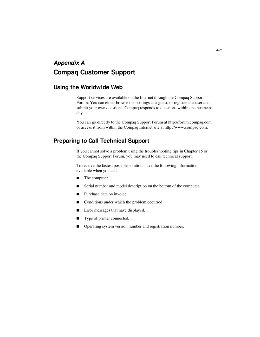 Compaq M300 manual Compaq Customer Support, Using the Worldwide Web, Preparing to Call Technical Support 